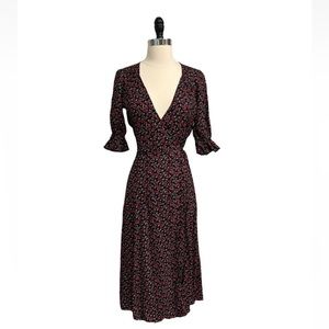 Reformation black and red floral midi wrap dress